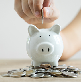 Person placing coins into a piggy bank