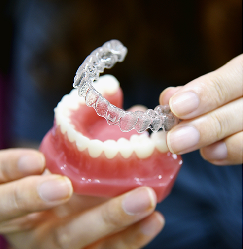Dentist placing an Invisalign aligner over a model of the teeth